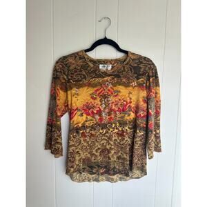 Y2K 2000s Orange Boho Floral Beaded Graphic Print T Shirt Sz Small Grunge Punk